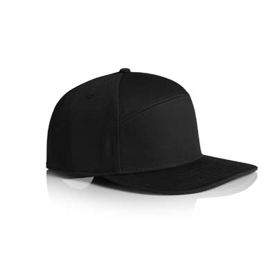 The AS Colour Stock 7 panel cap is high profile, snapback cap. Flat Peak. 4 colours. 100% cotton. Great option to add your logo with an on trend product.