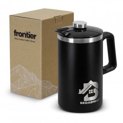 The Frontier Base Camp Coffee Press is a double wall vacuum insulated coffee press.  1.1 litre capacity.  Powder coated finish. Print your logo or engrave.