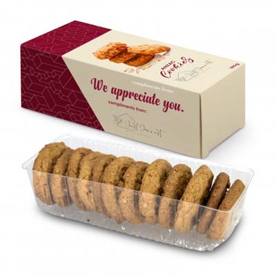 Yummmm - the TRENDS Cookie pack! Choose between chocolate chip or anzac cookies with your full colour branding across the packaging!  Perfect client gifts.