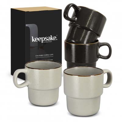 The Keepsake Stackable Coffee Cups are a set of 2 rustic 350ml stackable ceramic mugs.  Have your logo printed on the cups for your client gifts and retail stock.