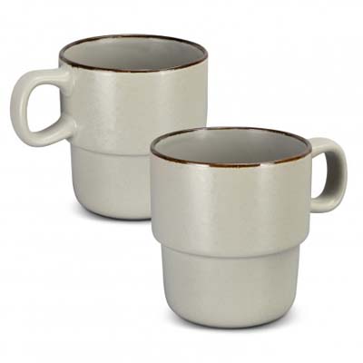 The Keepsake Stackable Coffee Cups are a set of 2 rustic 350ml stackable ceramic mugs.  Have your logo printed on the cups for your client gifts and retail stock.