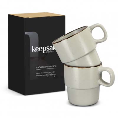 The Keepsake Stackable Coffee Cups are a set of 2 rustic 350ml stackable ceramic mugs.  Have your logo printed on the cups for your client gifts and retail stock.