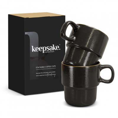 The Keepsake Stackable Coffee Cups are a set of 2 rustic 350ml stackable ceramic mugs.  Have your logo printed on the cups for your client gifts and retail stock.