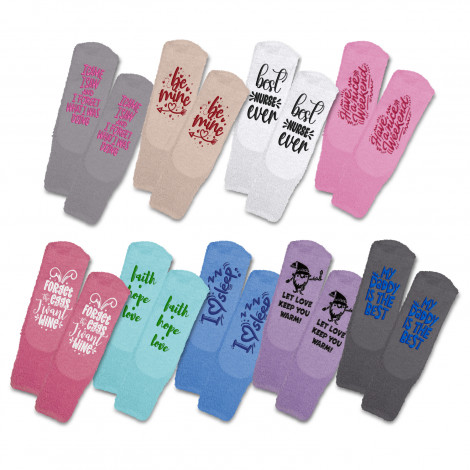 The TRENDS Fluffy Grip Socks are socks with non-slip grips on the sole. Grips can be customised. Indent only - 30 working day lead time.