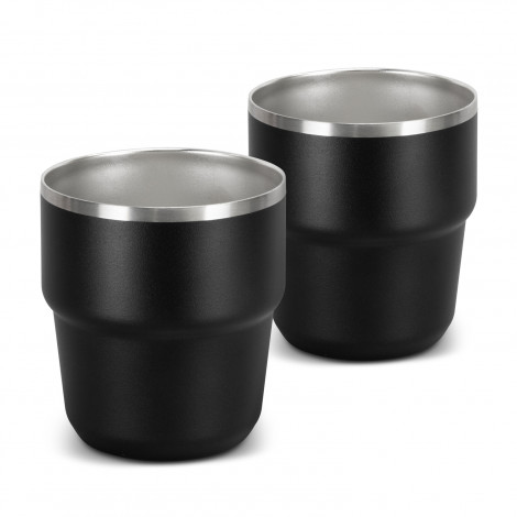 The TRENDS Frontier Stackable Cups are 2 x 300ml double wall, powder coated cups. In Black. Available with printing or engraving of your logo.