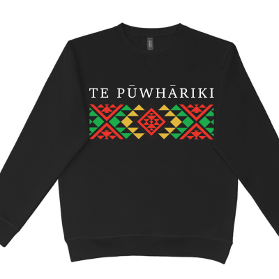 The TE PŪWHĀRIKI Adults Crew is a 320gsm hoodie with logo on front and tui symbol on the back of the neck. XS - 5XL available. Preorder only.