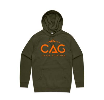 The Chase & Gather hoodie is perfect for adding a layer when you are out in nature.  320gsm hood.  13 colours.  XS - 5XL.  