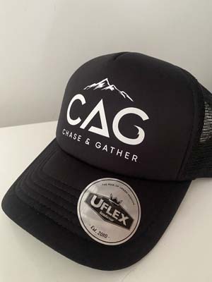 The Chase & Gather Trucker Cap is a black trucker cap with Chase & Gather logo on the front.  Preorders may allow for additional colour ways to be ordered.  