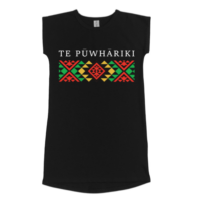 The TE PŪWHĀRIKI Girls Dress is a 190gsm dress with logo on front and tui symbol on the back of the neck. Size 2 - 12 available. Preorder only.