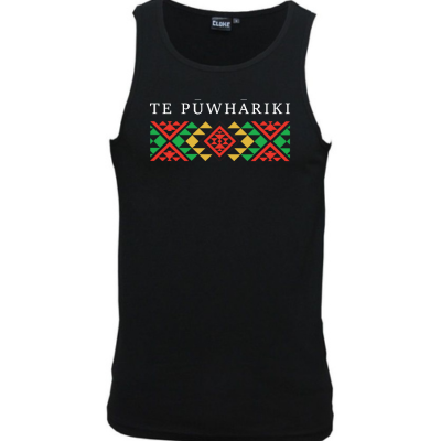 The TE PŪWHĀRIKI Adults Singlet is a 180gsm singlet with logo on front and tui symbol on the back of the neck. S - 5XL available. Preorder only.