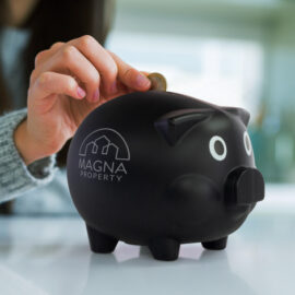 The Trends Piggy Bank is a traditional piggy bank with removable plug.  Available in Black or Silver.  Can be branded. Great fundraiser or bank promotional product.