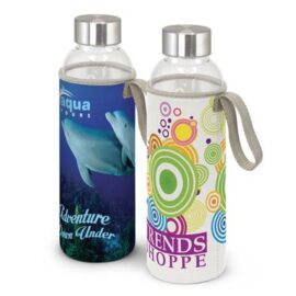 The TRENDS Venus Glass bottle with full colour neoprene sleeve keeps drink cool for longer. Sleeve accented with Grey Binding. Stainless Steel Lid.