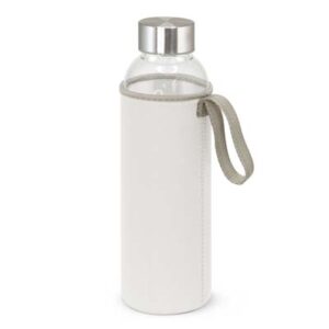 The TRENDS Venus Glass bottle with full colour neoprene sleeve keeps drink cool for longer. Sleeve accented with Grey Binding. Stainless Steel Lid.