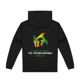 The Te Pūwhāriki Adults Hoodie is a 300gsm black hoodie with the school tui logo on the back and print on the front. Available in sizes S - 9XL as well as kids sizes. Available to preorder. Orders expect to be shipped week of 23rd March. Preorder cut off 13th March.