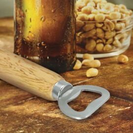 The Trends Boutique Bottle Opener is a smart metal bottle opener with wooden handle.  Laser Engraved.  Great branded practical promo products.