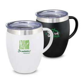 The TRENDS Verona Vacuum Cup with Handle is a premium 300ml double wall, vacuum instulated coffee cup with handle.  Powder Coated.  Printed or engraved.