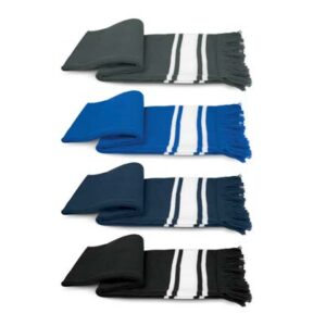 The TRENDS Commodore Scarf is a warm knitted acrylic scarf.  Striped design & tassels.  4 colours.  Available with embroidery.