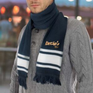 The TRENDS Commodore Scarf is a warm knitted acrylic scarf.  Striped design & tassels.  4 colours.  Available with embroidery.