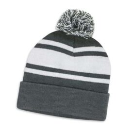 The TRENDS Commodore Beanie with Pom Pom is a warm knitted acrylic beanie with roll up cuff.  Pom pom.  Striped.  4 colours.  Embroidery available.