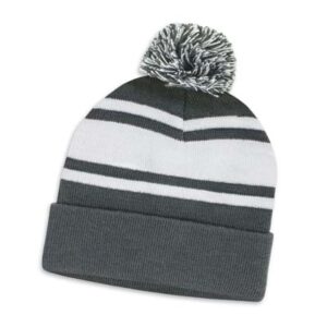 The TRENDS Commodore Beanie with Pom Pom is a warm knitted acrylic beanie with roll up cuff.  Pom pom.  Striped.  4 colours.  Embroidery available.