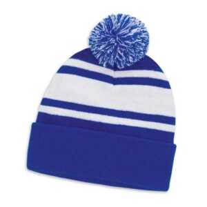 The TRENDS Commodore Beanie with Pom Pom is a warm knitted acrylic beanie with roll up cuff.  Pom pom.  Striped.  4 colours.  Embroidery available.