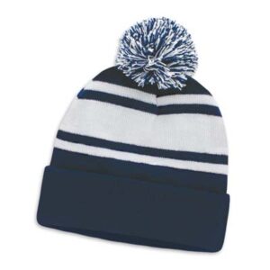 The TRENDS Commodore Beanie with Pom Pom is a warm knitted acrylic beanie with roll up cuff.  Pom pom.  Striped.  4 colours.  Embroidery available.