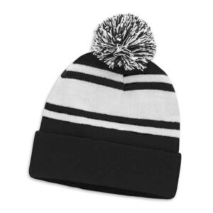 The TRENDS Commodore Beanie with Pom Pom is a warm knitted acrylic beanie with roll up cuff.  Pom pom.  Striped.  4 colours.  Embroidery available.