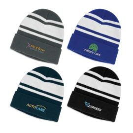 The TRENDS Commodore Beanie is a warm knitted acrylic beanie with roll up cuff.  Striped.  4 colours.  Embroidery available.