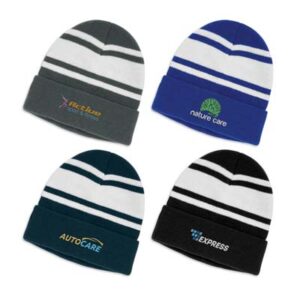 The TRENDS Commodore Beanie is a warm knitted acrylic beanie with roll up cuff. Striped. 4 colours. Embroidery available.