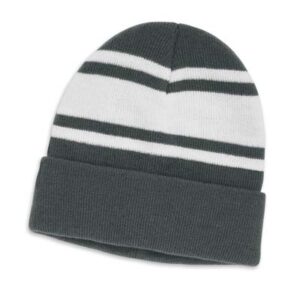 The TRENDS Commodore Beanie is a warm knitted acrylic beanie with roll up cuff. Striped. 4 colours. Embroidery available.
