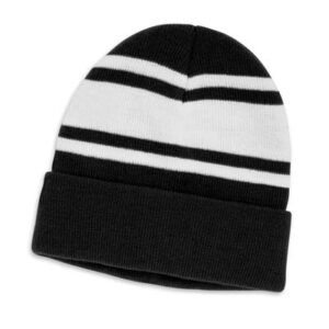 The TRENDS Commodore Beanie is a warm knitted acrylic beanie with roll up cuff. Striped. 4 colours. Embroidery available.