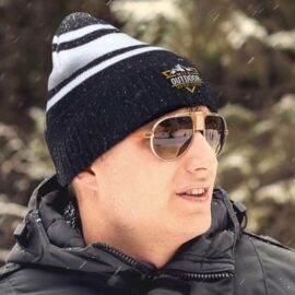 The TRENDS Commodore Beanie is a warm knitted acrylic beanie with roll up cuff.  Striped.  4 colours.  Embroidery available.