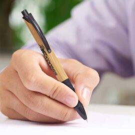 The TRENDS Habitat Pen is a retractable ballpoint pen with a bamboo barrel with soft touch grip.  Black.  Multiple branding options.  Great eco pen.