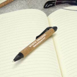 The TRENDS Inca pen is a retractable ballpoint pen with natural cork barrel.  Soft Touch grip.  Black ink.  Custom printed with your logo.