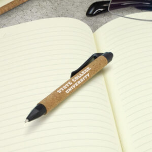 The TRENDS Inca pen is a retractable ballpoint pen with natural cork barrel.  Soft Touch grip.  Black ink.  Custom printed with your logo.