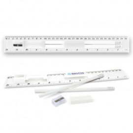 The TRENDS Stationery Set is a great combo of ruler, pencils, sharpener and eraser in one compact unit.  White.  Perfect to add your logo to for any generation.