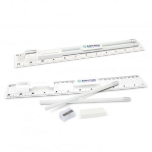 The TRENDS Stationery Set is a great combo of ruler, pencils, sharpener and eraser in one compact unit. White. Perfect to add your logo to for any generation.
