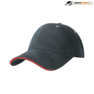 The Headwear24 6 Panel Metal Sandwich Peak is a 270gsm brushed cotton twill cap with contrast trim. 13 colours. Great branded 6 panel caps.