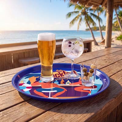 The TRENDS Tavern Serving Tray is a classic 370mm serving tray.  Made from polystyrene and built for hospitality and events.  Non slip surface.  Full colour branding