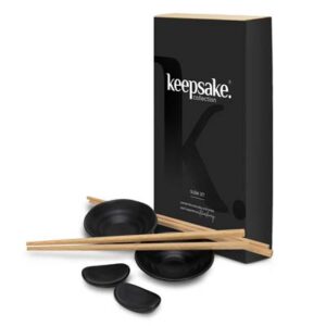 The Keepsake Sushi Set is a sleek and modern sushi set for 2.  Sauce dishes, chopstick holders, finished with a black glaze.  Printing available for your logo.