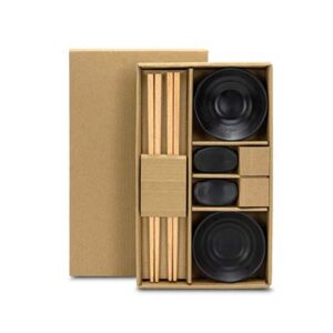 The Keepsake Sushi Set is a sleek and modern sushi set for 2.  Sauce dishes, chopstick holders, finished with a black glaze.  Printing available for your logo.