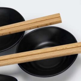The Keepsake Sushi Set is a sleek and modern sushi set for 2. Sauce dishes, chopstick holders, finished with a black glaze. Printing available for your logo.