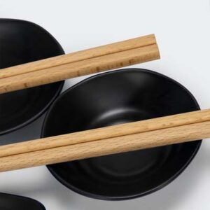 The Keepsake Sushi Set is a sleek and modern sushi set for 2.  Sauce dishes, chopstick holders, finished with a black glaze.  Printing available for your logo.