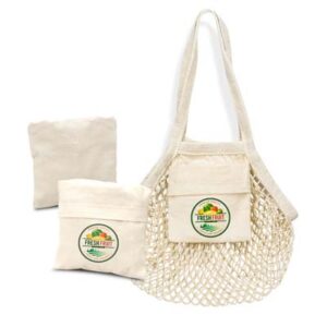 The TRENDS Cotton Mesh Foldaway Tote Bag is a small, compact, reusable 3 litre tote. Lightweight, unbleached cotton mesh. Slip pocket. Multiple branding options.