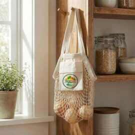 The TRENDS Cotton Mesh Foldaway Tote Bag is a small, compact, reusable 3 litre tote. Lightweight, unbleached cotton mesh. Slip pocket. Multiple branding options.