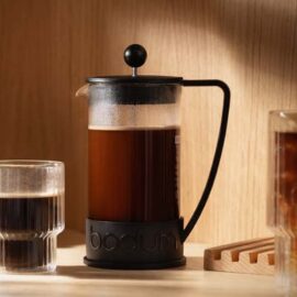 The Bodum Brazil French Press is a 1 litre french press coffee maker. Borosilicate glass carafe, BPA free plastic frame. Print or etch your logo.