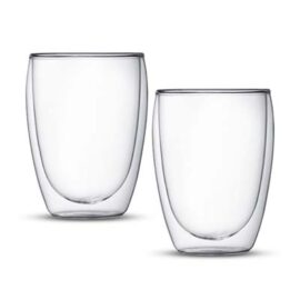 The Bodum Pavina Double Wall Glasses are a set of 2 medium, double wall glass tumblers. Mouth blown, heat resistant borosilicate. Silicone vent.