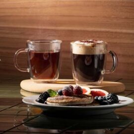 The Bodum Bistro Double Wall Mugs is a stylish set of 2 x 300ml double wall espresso mugs. Mouth blown, heat resistant borosilicate glass with your branding.