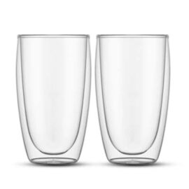The Bodum Pavina Double Wall Glasses are a set of 2 large, double wall glass tumblers. Mouth blown, heat resistant borosilicate. Silicone vent.